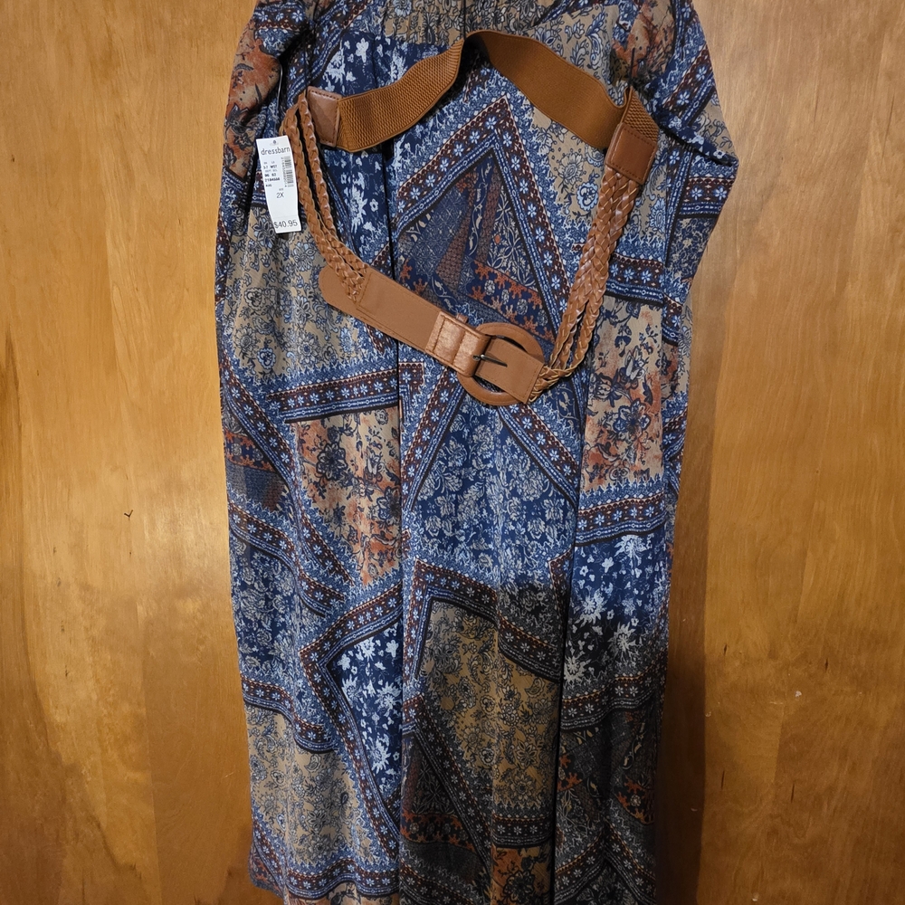 Dress Barn Blue and Brown Maxi Skirt with Belt